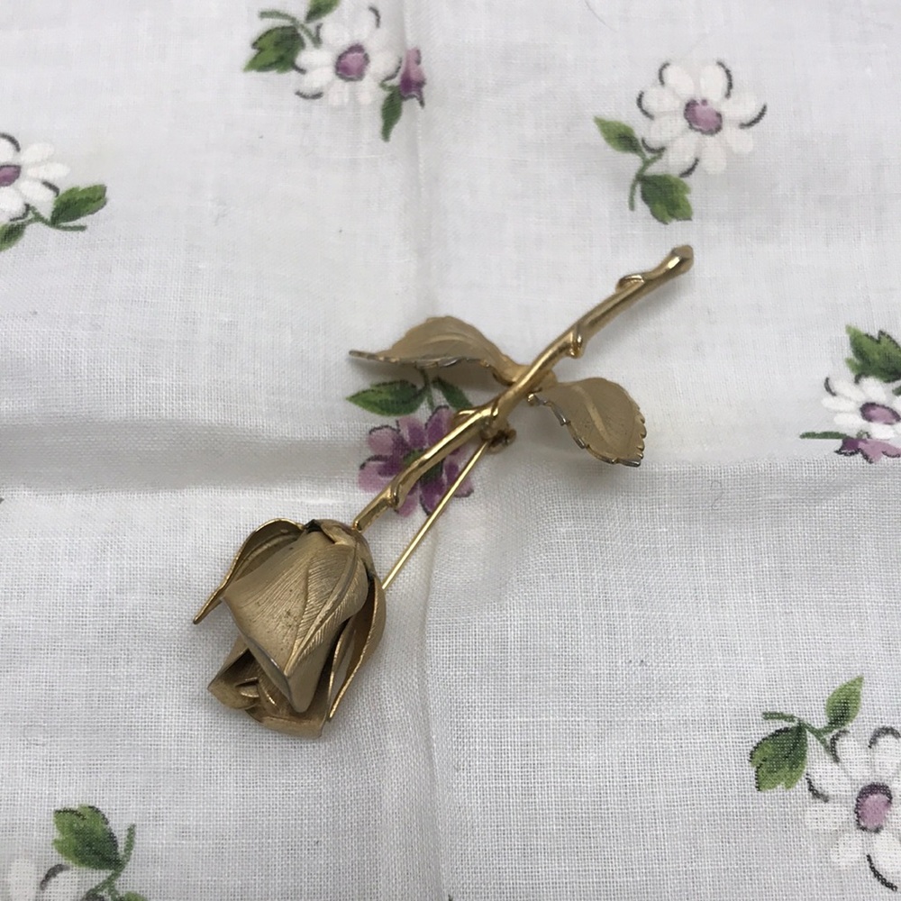 Vintage Jos Giovanni Long Stem Rose Brooch Gold tone or plated signed 1960's pin